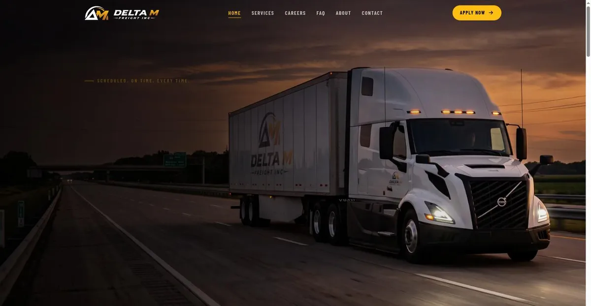 The Delta M Freight website, headlined “Scheduled. On time. Every time.”