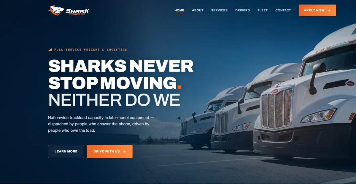 The Shark Freight website, headlined “Sharks never stop moving. Neither do we”.